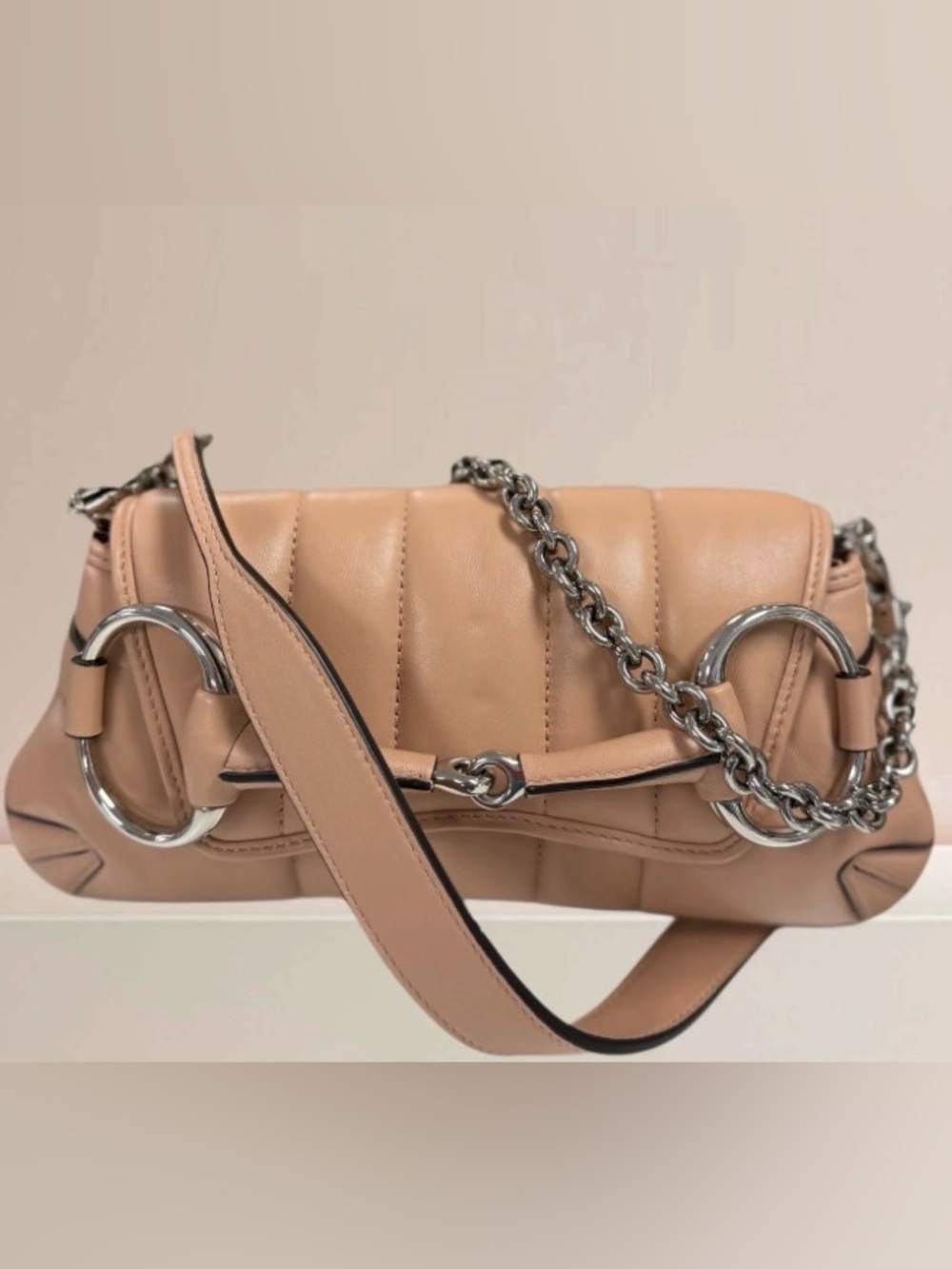 Gucci Horsebit Nappa Leather Chain-Accent Shoulder Bag - Nude Pink